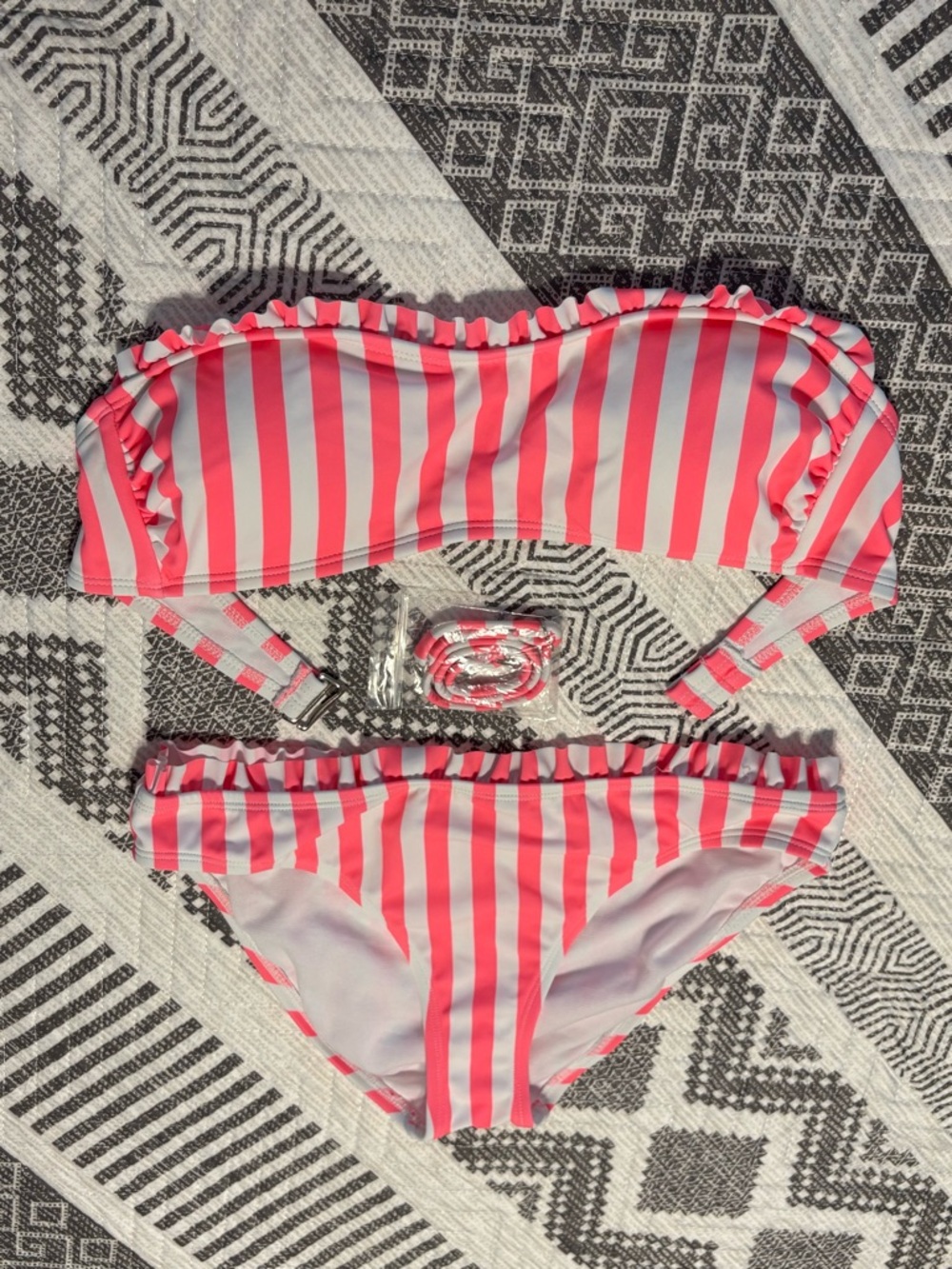 Cabana by Crown & Ivy Bright Coral and White Stripe Ruffle Bandeau Bikini
